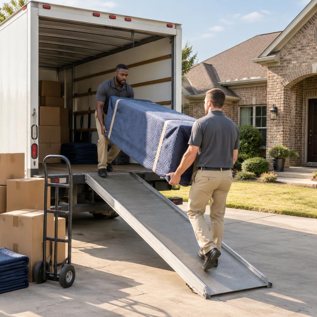 Tulsa Finest Movers crew loading boxes into a moving truck on a Tulsa street